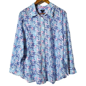 Camisa clásica de algodón Talbots floral helechos 1X Plus manga larga con botones para mujer - Imagen 1 de 8