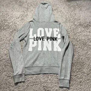 Vintage Y2k Love Pink Victoria Secret Grey Full Zip Hoodie Medium Spell Out Dog - Picture 1 of 9