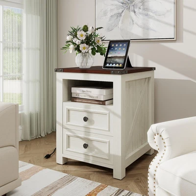 Farmhouse End Table with Charging Station, Side Table for Living Room, Sofa Side - Image 1 of 4
