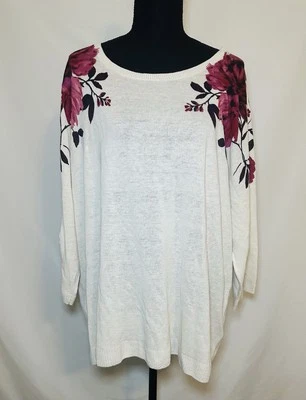 J. Jill Wearever Collection Thin Sweater 3X Cream Floral Linen Blend 3/4 Sleeve - Image 1 of 4