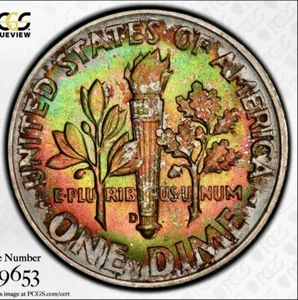 Rosevelt Silver Dime 1964 D PCGS MS 66 Stempelglanz 10c Münze Rainbow Toning - Bild 1 von 12