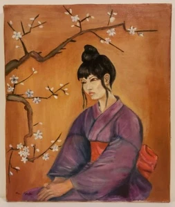 Vintage Oil Painting on Canvas Japanese Woman Portrait Unframed Art (16" x 13") - Picture 1 of 11