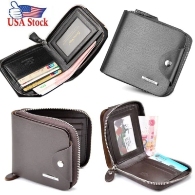 Carteira de couro masculina porta-cartão de crédito curta com zíper ao redor bolsa de moedas embreagem EUA - Imagem 1 de 4