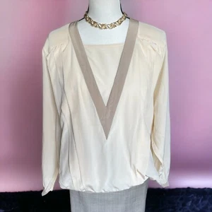 Vintage 80s Omanti Silk Cream & Tan Long Sleeve Blouse Top L XL 10 12 - Picture 1 of 7