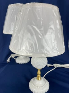 2 Milk Glass Lamps Hobnail Pattern Farmhouse New White Fine Linen Hardback Shade - Picture 1 of 14
