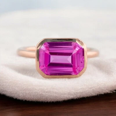 Anillo bisel zafiro rosa natural corte esmeralda 14k 14x10 mm Foto 1 de 4