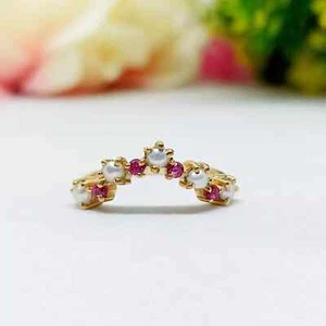 Natural Pink Ruby & Pearl Semi Eternity Wedding Band Ring 14k Gold Plated Silver - Picture 1 of 13