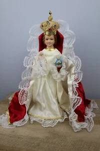 ANTICA STATUA GESÙ BAMBINO DI PRAGA 12" CORONA E VESTI RELIGIOSA CATTOLICA - Foto 1 di 17