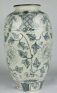 Jarrón floral de tung chi azul y blanco de porcelana de 14 pulgadas esmalte liso hecho a mano como nuevo - Imagen 1 de 8