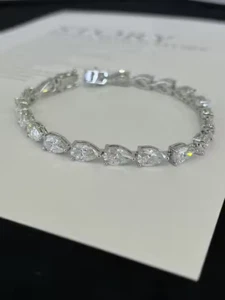 14k White Gold Plated 9CT Lab Created Pear Cut Diamond Tennis Bracelet 7.5" - Picture 1 of 3