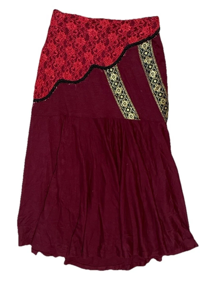 Falda Korinex París Francia Vintage Borgoña Granate Encaje Midi Estilo Único Línea A Foto 1 de 4