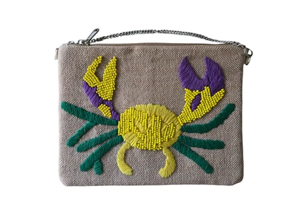 Bolso Bolsa de Yute Hecho a Mano Bordado Cangrejo Mardi Gras con Cadena Cruzada Foto 1 de 2
