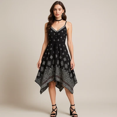 Maurices Dress Women XS Black Fairy Bandana Handkerchief Asymmetric Smocked Midi - Image 1 of 4