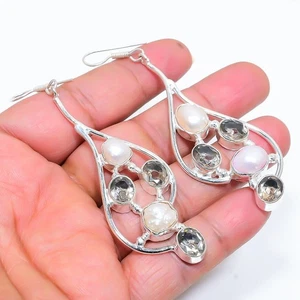 Pendiente de joyería de plata de ley 925 con piedras preciosas de perlas de topacio blanco 3,15" U987 - Imagen 1 de 2