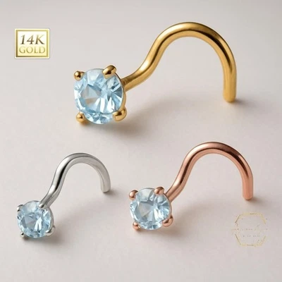 Oro macizo 14K 20G Aguamarina Nariz Tachuela Tornillo Torcido Nariz Pin Joya Foto 1 de 4