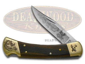 Buck 110 Wooden Whitetail Buck Scrolled Bolster Stainless Folding Hunter Knives - Picture 1 of 4