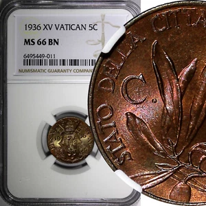 Ciudad del Vaticano Pío XI Bronce 1936 5 Centesimi NGC MS66 BN MEJOR CALIFICADO KM# 1 (011) - Imagen 1 de 5