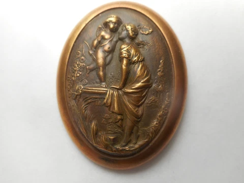 Cupid & Venus Oval Vintage Brass Button  1-5/8" Mother & Cherub Cover