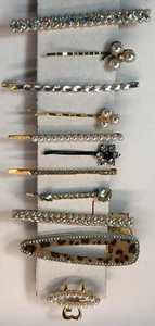 Bobby Pins Clips Set Of 10 Crystals Pearls Barrette Up Do Hair Accessory Gold - Picture 1 of 12