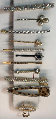 Bobby Pins Clips Set Of 10 Crystals Pearls Barrette Up Do Hair Accessory Gold - Image 1 of 4