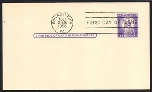 P67? UNITED STATES US POSTAL CARD 3c LIBERTY FIRST DAY OF ISSUE 8/1/1958 - Picture 1 of 1