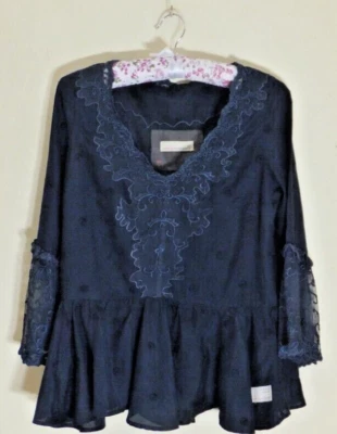 ODD MOLLY 3/4 Sleeved Navy Lace Trimmed Top - Cotton/Silk Blend - Size 1 (UK 10) - Image 1 of 4