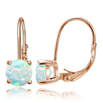 Rose Gold Flashed Sterling Silver Created Opal 6mm Round Leverback Earrings - Image 1 of 4