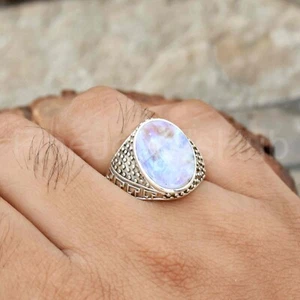 Piedra preciosa de piedra lunar, anillo de plata de ley 925, anillo hecho a mano, anillo para hombre talla 8 - Imagen 1 de 5