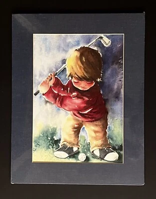 Винтажная акварельная картина для мальчика-гольфа от Нэнси Бекер с автографом 14X18 матовое искусство ЗАПЕЧАТАННАЯ - Изображение 1 из 4