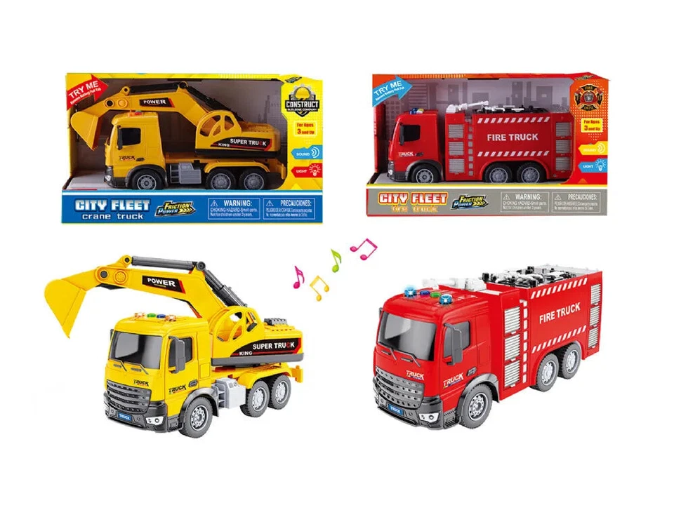 2 Packs - Friction Rescue & Construction Trucks w/ Light & Sound - 11 Inches - Image 1 of 4