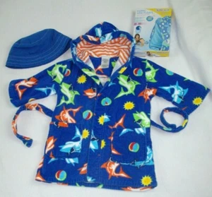 LOT BOYS XS 3/4 ST. EVE SWIM SHARK HOODIE ROBE 4T BUCKET HAT & NEW ARM FLOATIES - Picture 1 of 8