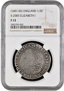 1601-1602 ENGLAND 1/2 Crown Silver Coin Royal Mint ElizabethI 6th Issue NGC F-12 - Picture 1 of 6