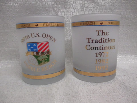 (2) 2000 US Open Pebble Beach Frosted Double Old Fashioned Glasses Tiger Woods Cover