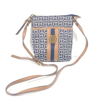 Tommy Hilfiger Crossbody Strap Jaden Plus HandBag Zippered Logo Print Brown Blue - Image 1 of 4