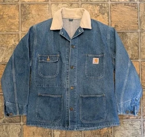 vtg Carhartt Denim unlined Chore Barn Coatw/ Corduroy Collar fit XL Reg no tag - Picture 1 of 24