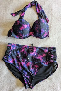 HOT TOPIC Two Piece Bikini Swimsuit Womens XL Black Pink Purple Stars Space - Picture 1 of 8
