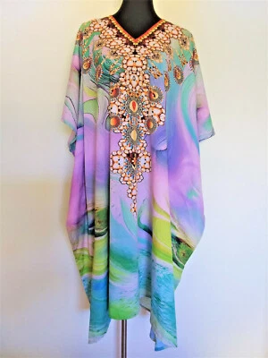  EMBELLISHED DIGITAL MULTI COLOURED ABSTRAC PRINT V NECK CREPE KAFTAN/DRESS KC26 - Image 1 of 3