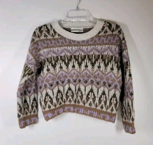 By Anthropologie Cream Brown Wool Blend Geometric Cropped Sweater Women Sz Small - Picture 1 of 5