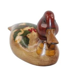 VTG Handcrafted Christmas Holiday Holly Handpainted Wooden Decoy Red Headed Duck - Picture 1 of 16