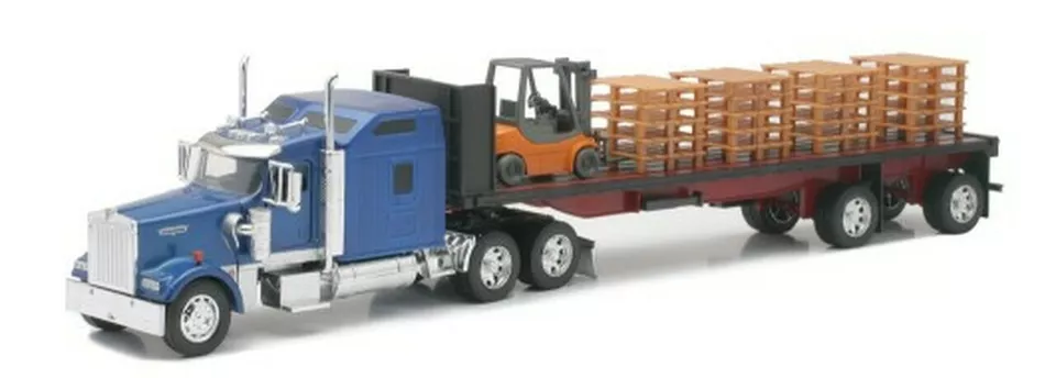 New  Ray 1/32 Kenworth W900 w/Flatbed Trailer, Forklift  Color may vary NRY10263 - Image 1 of 1
