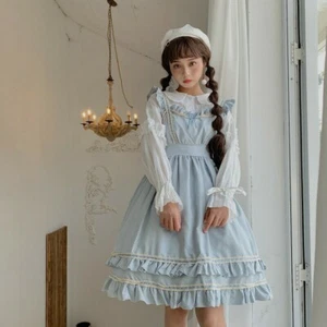 Lolita Dress Lace Ruffle Frill Japanese Cute Jumper Skirt Kawaii Maid JSK - Picture 1 of 7
