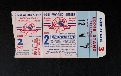 1951 World Series Game 2 Ticket Stub Mickey Mantle 1st WS Hit/Injury Giants - Image 1 of 4