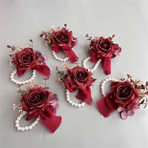 Artificial Rose Boutonniere 6pcs Wine Red Wrist Corsage Groom Wedding Party - Picture 1 of 4