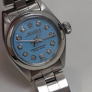 Rolex Oyster Perpetual Ladies 26 mm Blue Turquoise Diamond Steel Watch 6718 1979 - Picture 1 of 10