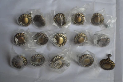 Vint. Lot of 15 Rosette Button Antique Brass Cabinet Hardware Door Drawer Knobs - Image 1 of 4