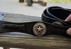 Cintura uomo western vintage Concho Palacios Co. pelle marrone cestino tessuto 42 Messico - Foto 1 di 8