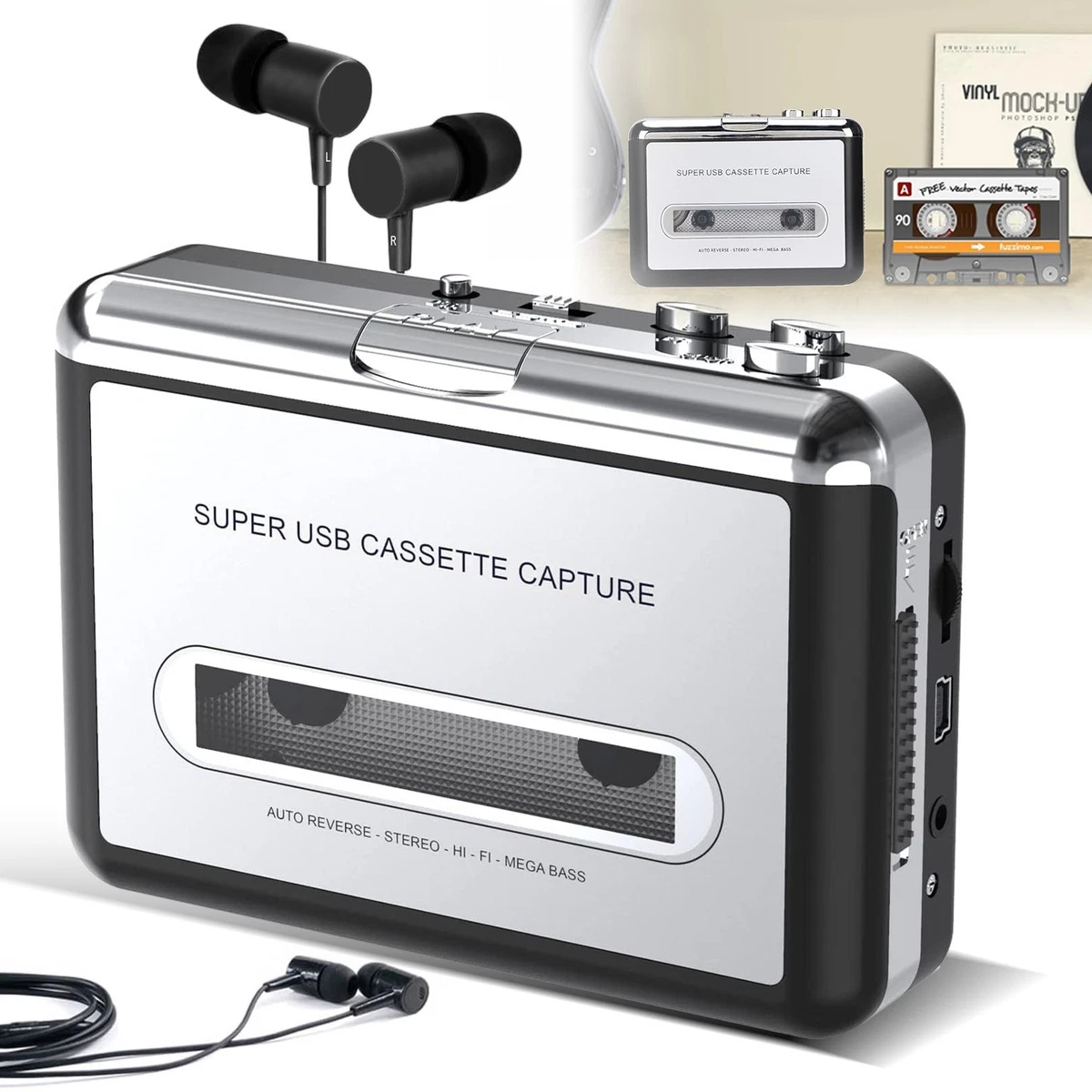 Produktbild von Tragbarer Kassettenrekorder Mit USB-C – Konvertiere Kassetten Zu MP3, Inkl. Kopfhörer & Aufnahmefunktion