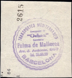 España - Recadero - Años 1950- Tampón "Transportes Mediterráneo Ochoa - Servicio - Imagen 1 de 1