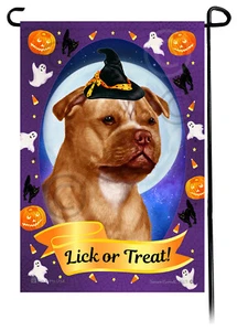 Halloween Garden Flag - Orange and White Staffordshire Bull Terrier - Picture 1 of 1