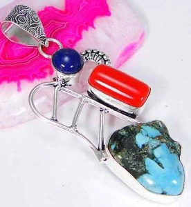 Turquoise & 925 Silver Handmade Designer Pendant 62mm & gift-box&SilverChain - Picture 1 of 3